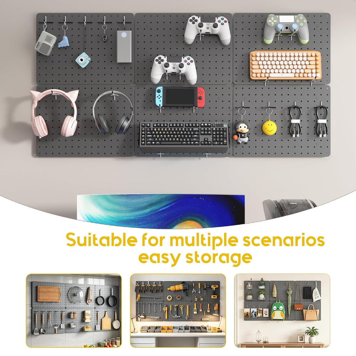 Pegboard Organizer Kit, 6 Pack 12 x 16 in Steel Metal with 6 Bins, Gray