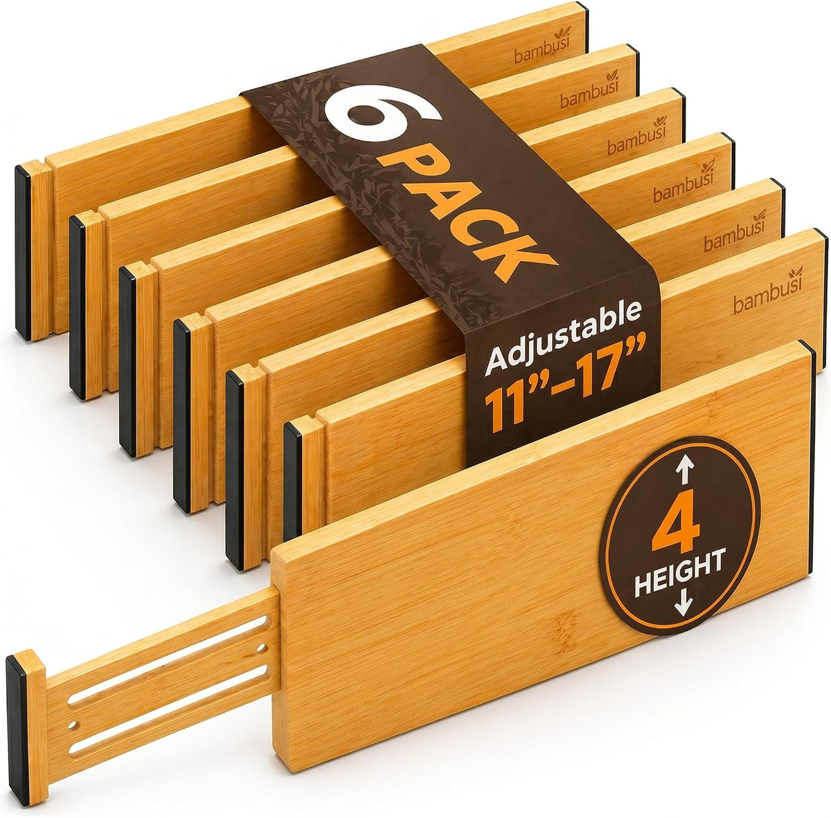 6-Pack Deep Drawer Dividers 4-Inch High Dresser Drawer Organizer, Bamboo