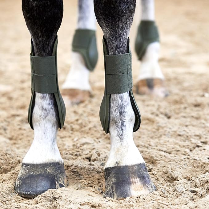 HORZE Adepto Open Front Tendon Boots | Durable Shell with Neoprene Lining - Beetle Khaki Green - Cob