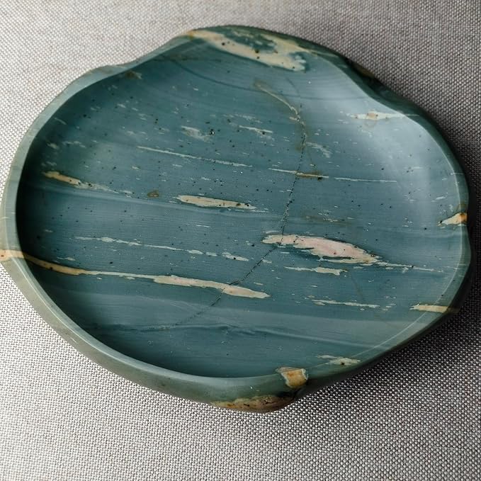 Natural River Stone Reptile Food Bowl - Handmade Pebble Dish for Reptiles, Amphibians, Hedgehogs, and Small Pets - Unique Size, Shape & Color - Water & Food Bowl (Green)