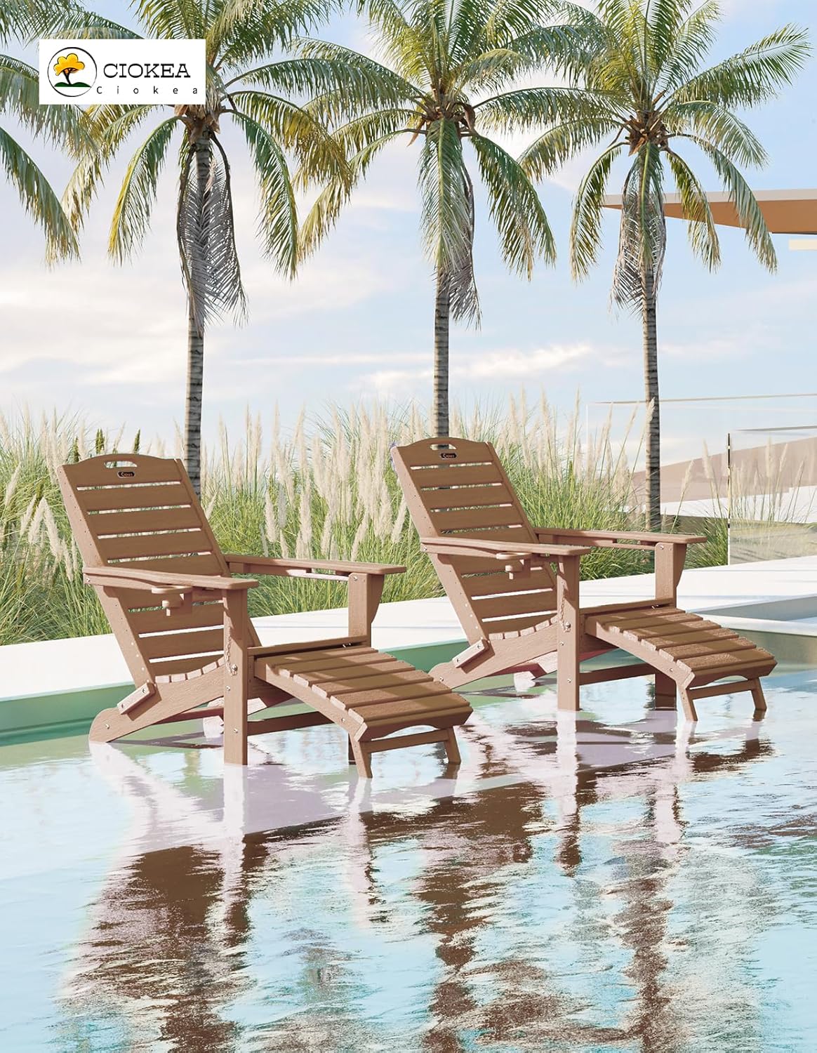 Ciokea HDPE Folding Adirondack Chair with Footrest,Teak,1