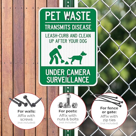 Pet Waste Leash-Curb and Clean Up After Your Dog Under Camera Surveillance Sign, 18x24 Inches, 3M EGP Reflective .080 Aluminum, Fade Resistant, Made in USA