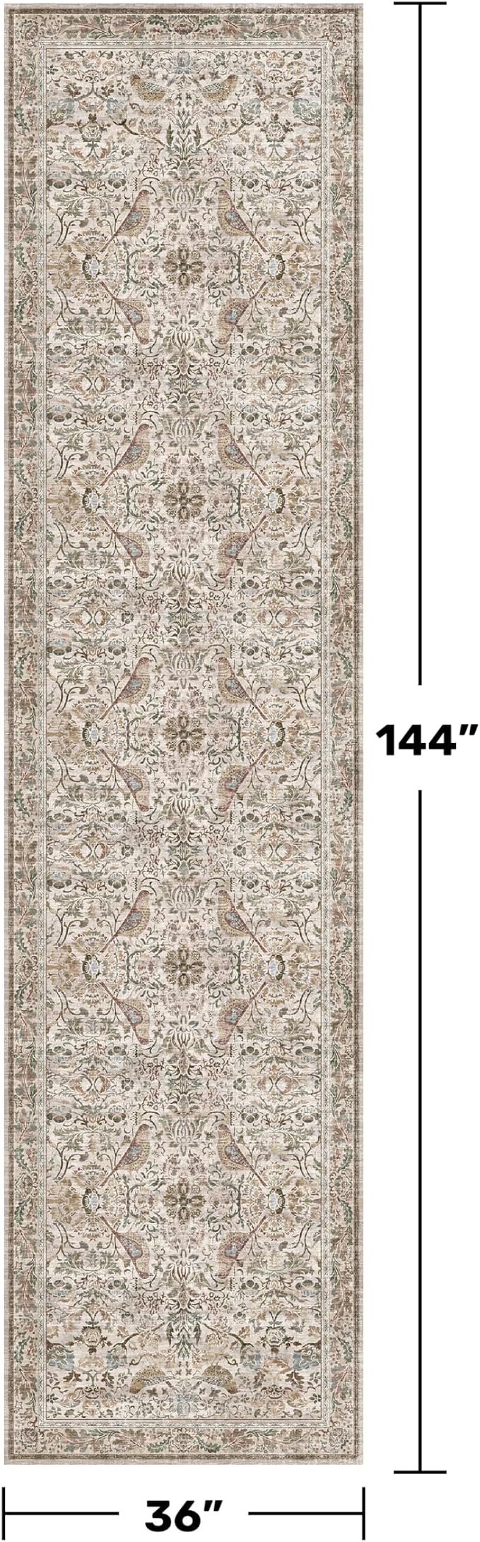 Moss Green 3x12 Wide Hallway Runner Rug, Vintage Brown Taupe Floral Design