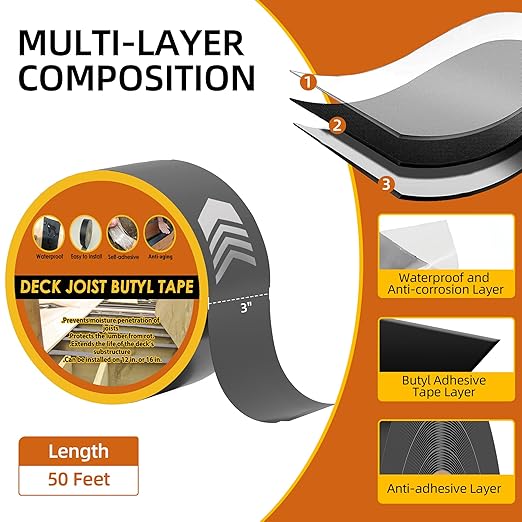 Deck Joist Tape 3" x 50', 4 Pack for Decking, Waterproof Weather Resistant Self-Adhesive Butyl for Wood Joists Beams