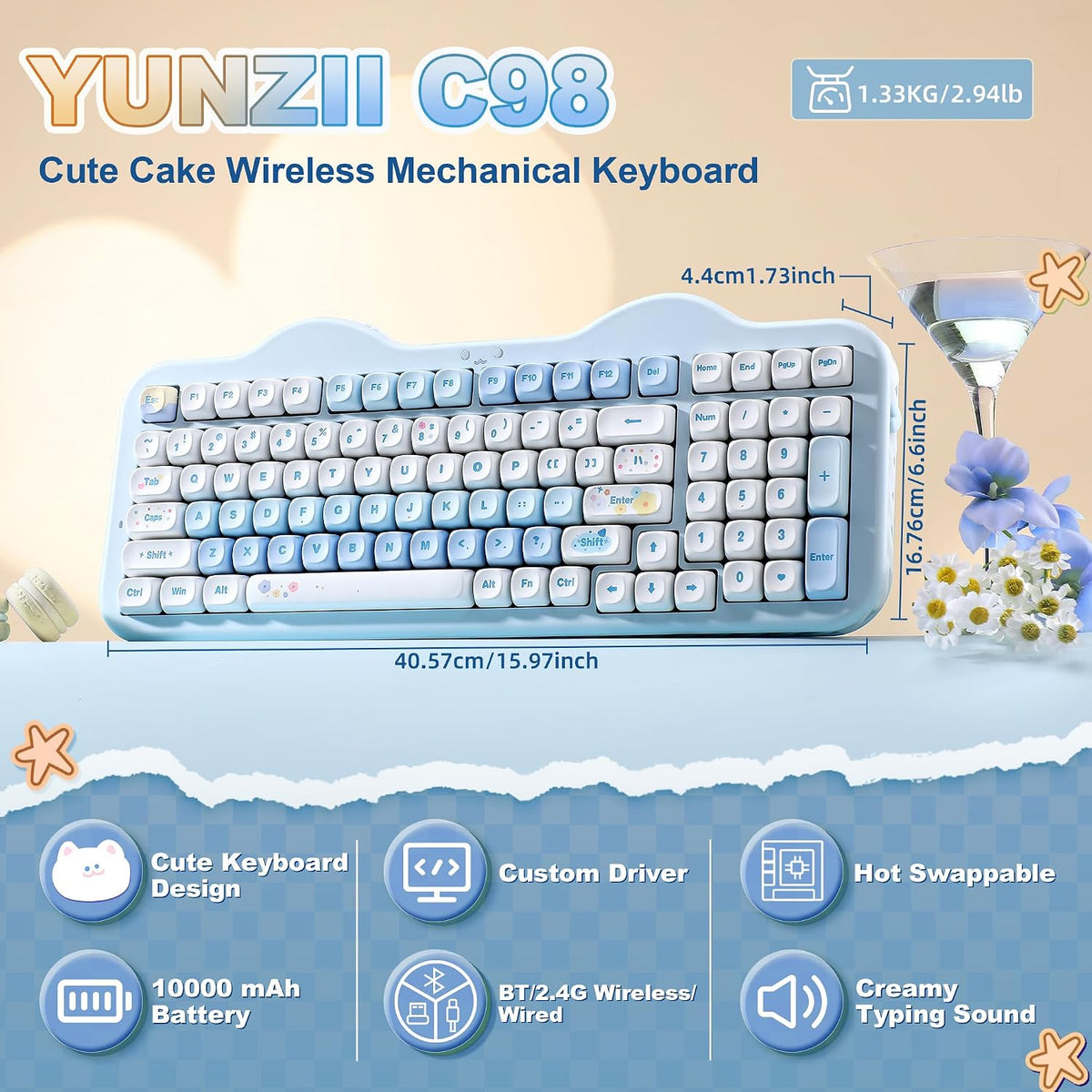 YUNZII C98 Cute Cake Wireless Mechanical Keyboard(Blue, Milk Switch)