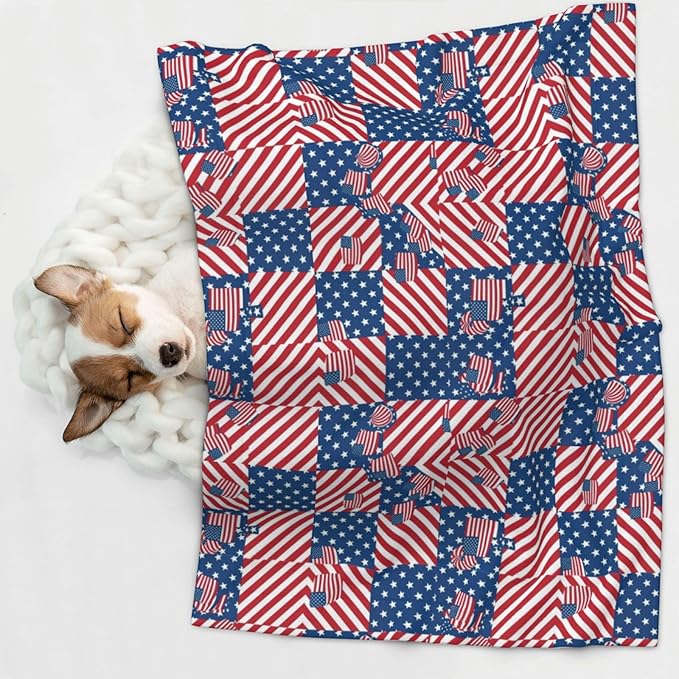 Pet Blanket for Indoor Outdoor Use, American Flag Plaid Pattern, Two Sided Reversible Plush Mat with Bumpy Dot Texture for Patios Crates Portable Bed Companion