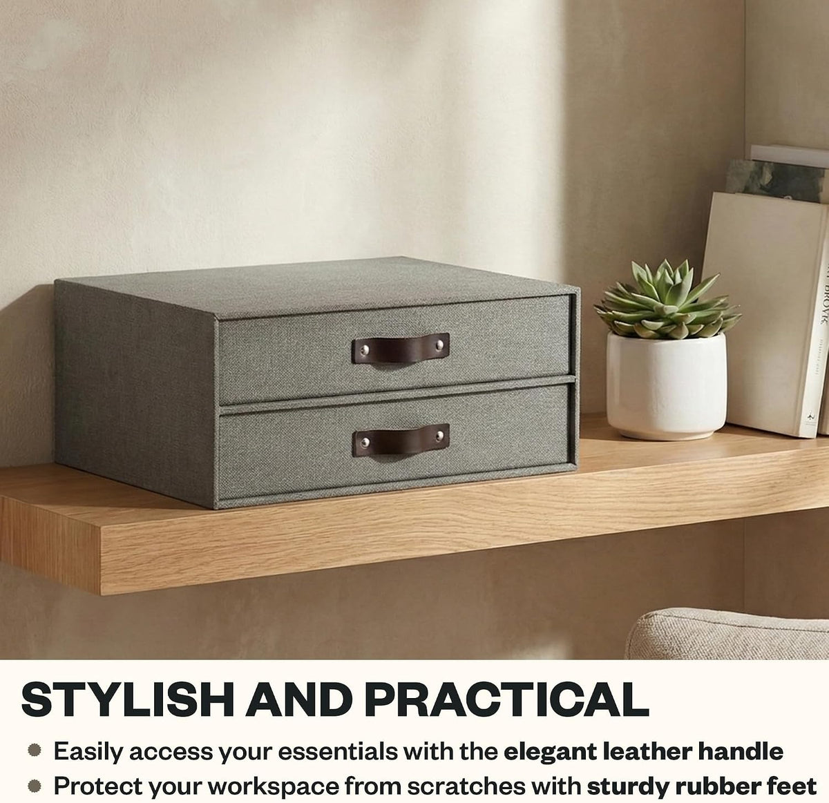 Bigso Birger 2-Drawer Canvas Fiberboard Easy Pull Handle Document Letter Box | Desktop Drawers for Loose Papers and Documents | Desktop Storage Drawers with Leather Handles | 13.1” x 10” x 5.7” | Grey