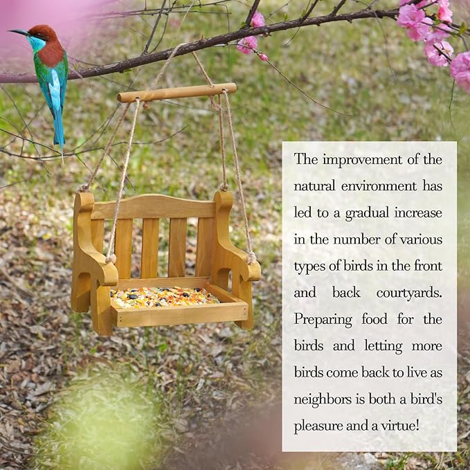 Notakia Set of 2 Swing Wild Bird Feeder Stand for Outside, Metal Mesh Bottom, Wood Bench Shaped Bird Feeders for Outside Hanging, Swing Chair Bird Feeder for Garden Yard Patio，Porch Decoration