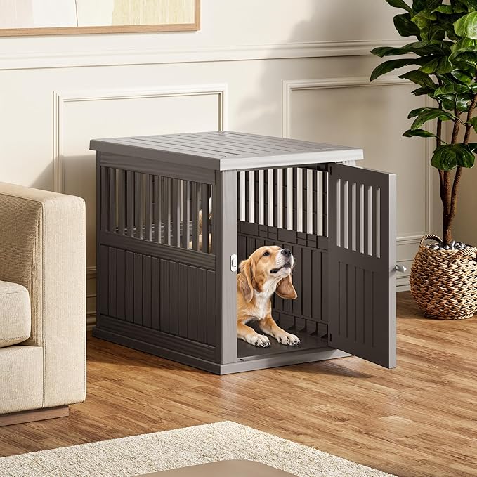 Fancyango 30-Inch Heavy Duty Dog Crate Furniture Lockable Indoor Outdoor Kennel & End Table for Small/Medium Dogs Decorative Plastic Pet Cage in Grey