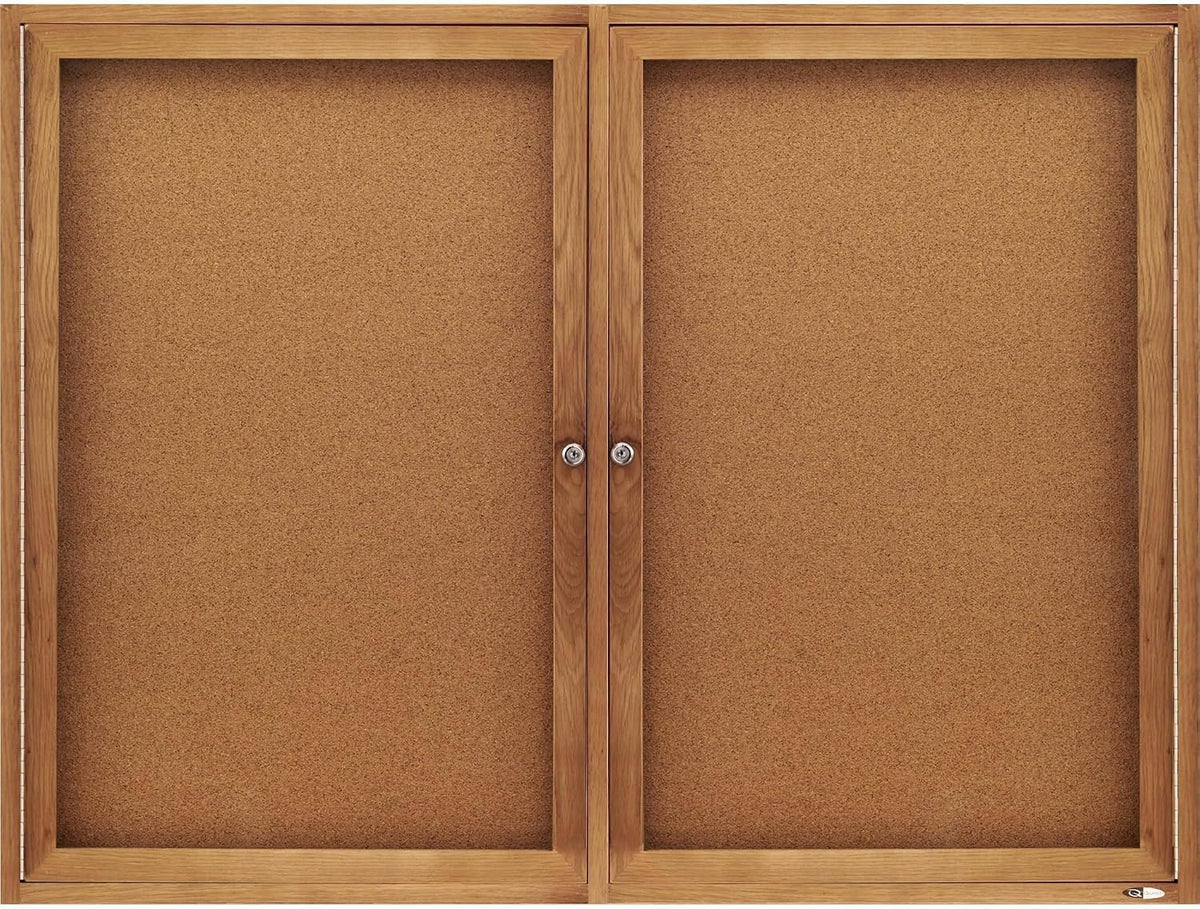 Quartet Bulletin Board, 4' x 3' Enclosed Cork Notice Board, Lockable Swing Doors, Oak Finish (364)