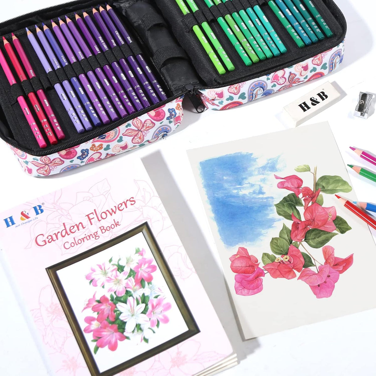 H & B 120 Oil-Based Colored Pencils Set with Coloring Book & Zipper Case