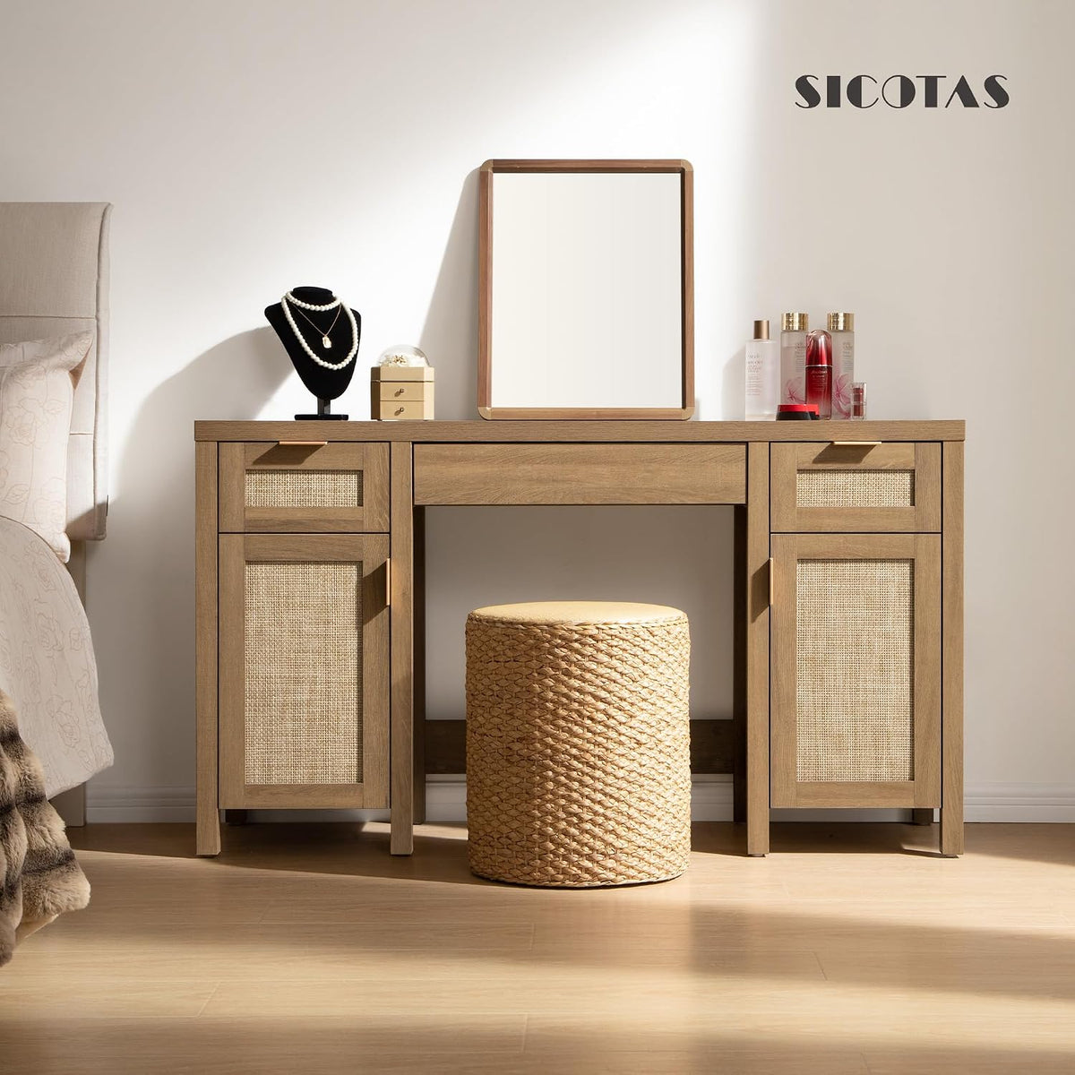 SICOTAS 52" Rattan Vanity Home Office Desk Vanity Table with 3 Drawers