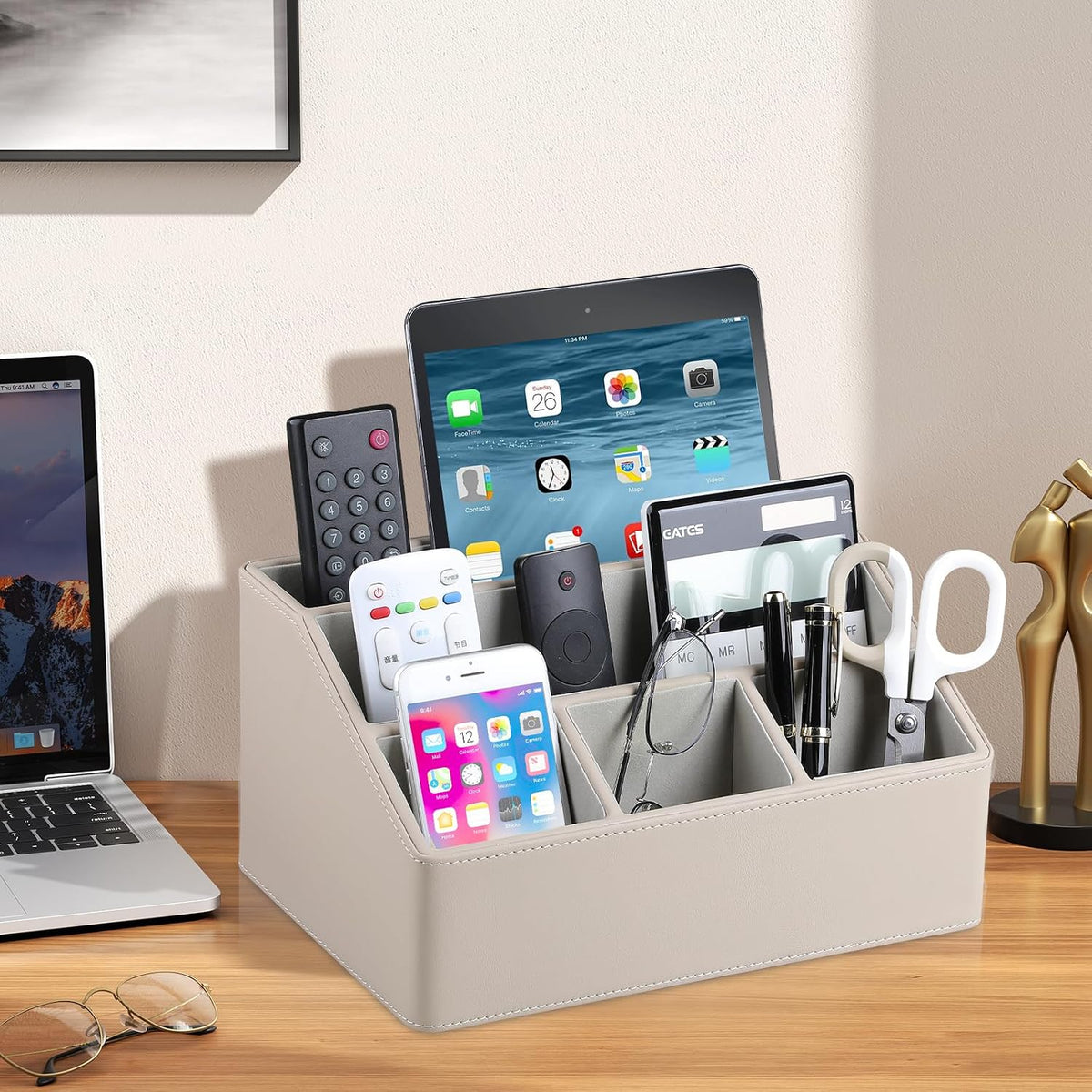 PU Leather Desk Organizer, Remote Control Holder (Dark Beige)