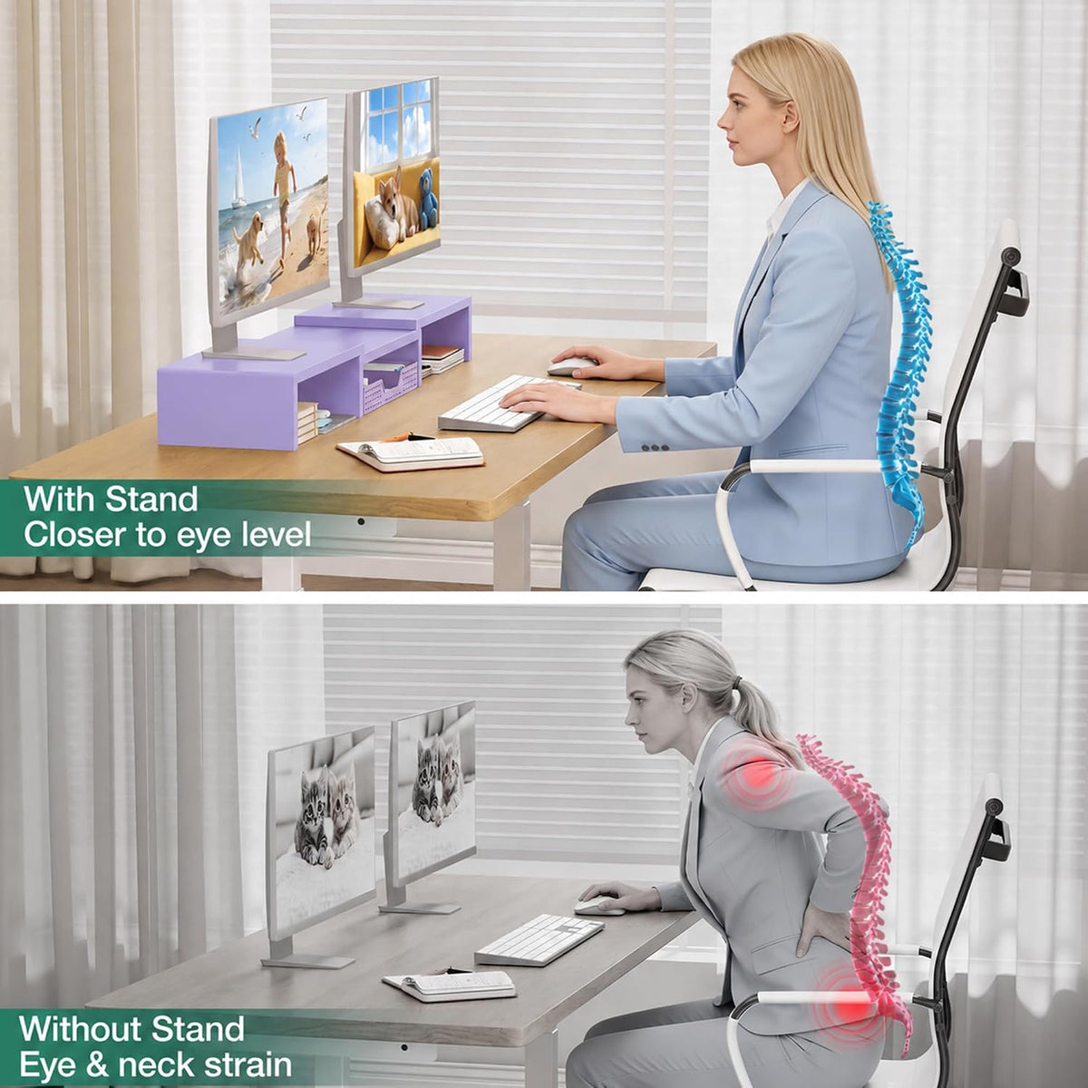 OPNICE Dual Computer Monitor Stand Riser, Desk Organizer with Drawer, Office Desk Accessories & Workspace Organizers for Home Office Supplies, Purple