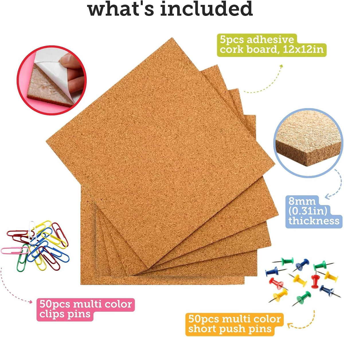 Cork Board Tile Squares – 5 Piece 12x12 Self-Adhesive Squares for Bulletin Boards, Wall Corkboards, Vision Boards, Pin Boards, Office & Craft Projects (Pack of 2)
