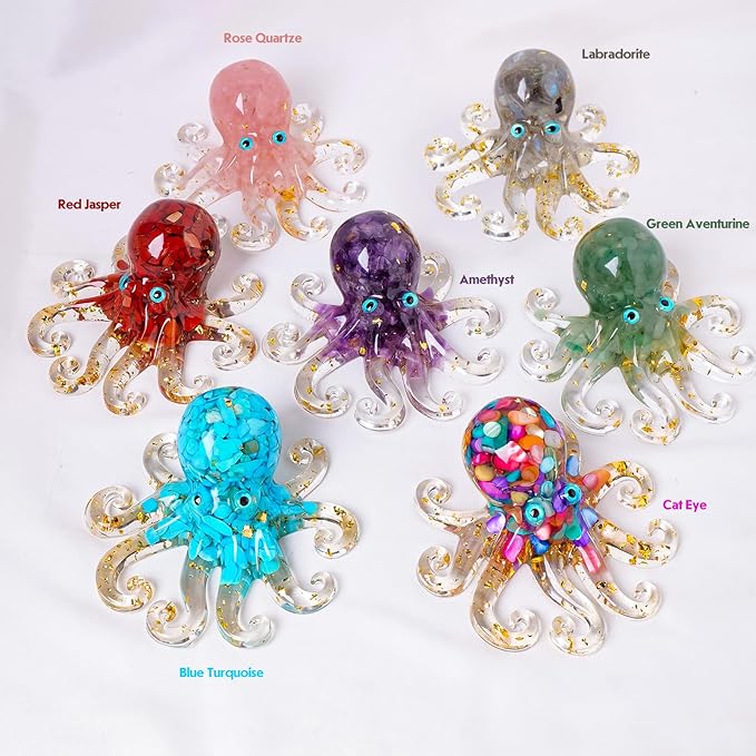 Octopus Decor Aquarium Decorative Resin Glass with Natural Crystal Stone Marine Animals Fish Tank Ornaments Statue Healing Home Decor Ladies Gift 3.93"
