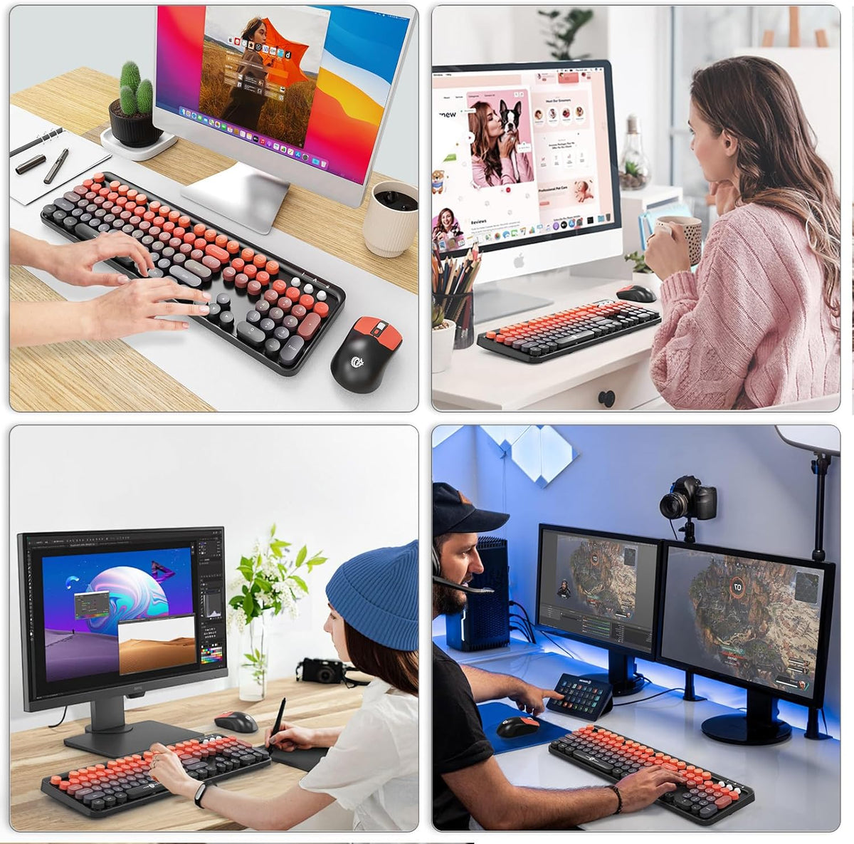 Wireless Keyboard and Mouse Combo, 2.4 GHz Wireless Full-Sized Typewriter Keyboard with Round Keycaps for Windows, Computer, Desktop, PC, Laptop (BlackOrange)