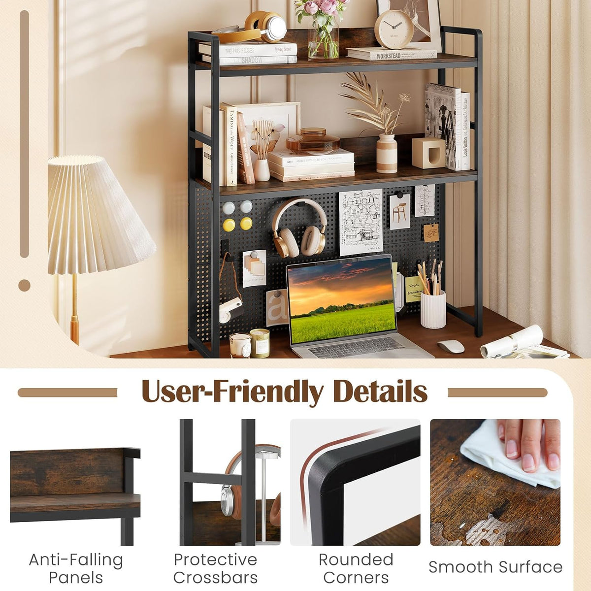 GIANTEX Desktop Bookshelf, 2-Tier Desk Hutch Dorm with Pegboard for up to 32" Computer Monitor, Industrial Countertop Storage Organizer Rack, Desk Shelf for Home Office, Rustic Brown