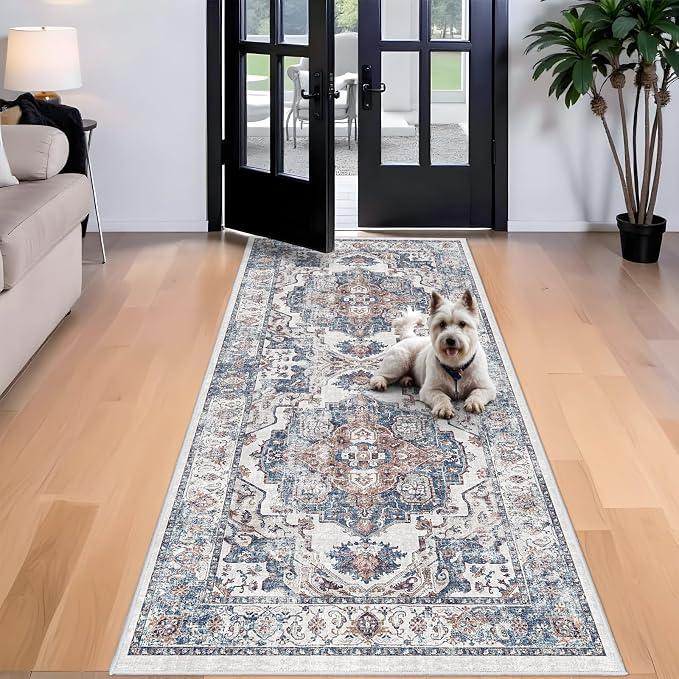 Washable 4x8 Hallway Area Rug: Vintage 8ft Water Resistant Soft Runner Rug