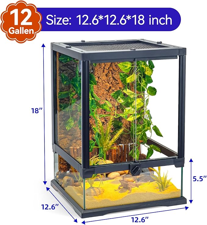 Full Glass Panoramic Vivarium for Crested Gecko Tank, Snake Enclosure, Reptile Cage with Front Door, Enhanced Ventilation & Concealed Wiring Holes 12.6" L x 12.6" W x 18" H
