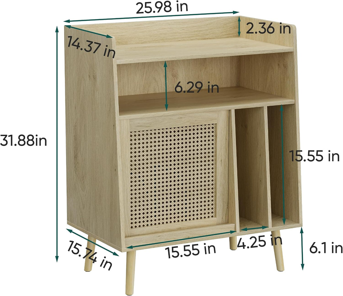 Semiocthome Record Player Stand with Vinyl Storage, Record Player Table with Storage Shelf, Turntable Stand with Rattan Cabinet Door, Side Table with Solid Wood Legs for Turntables for Living Room