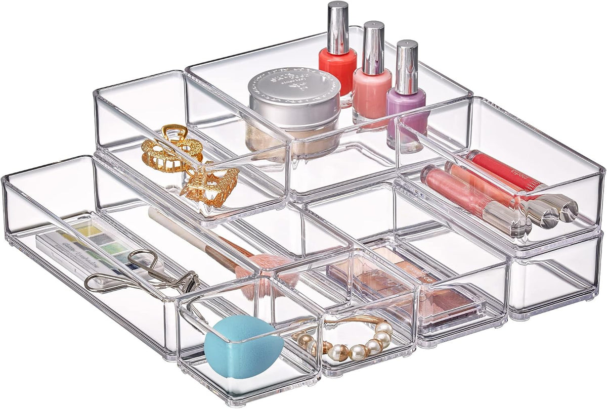 Amazing Abby - QuickSort - Plastic Stackable Organizers (10-Piece Set) for Vanity and Desk Drawer, Perfect Storage Solution for Beauty Products, Office Supplies, Decorative Items, and More