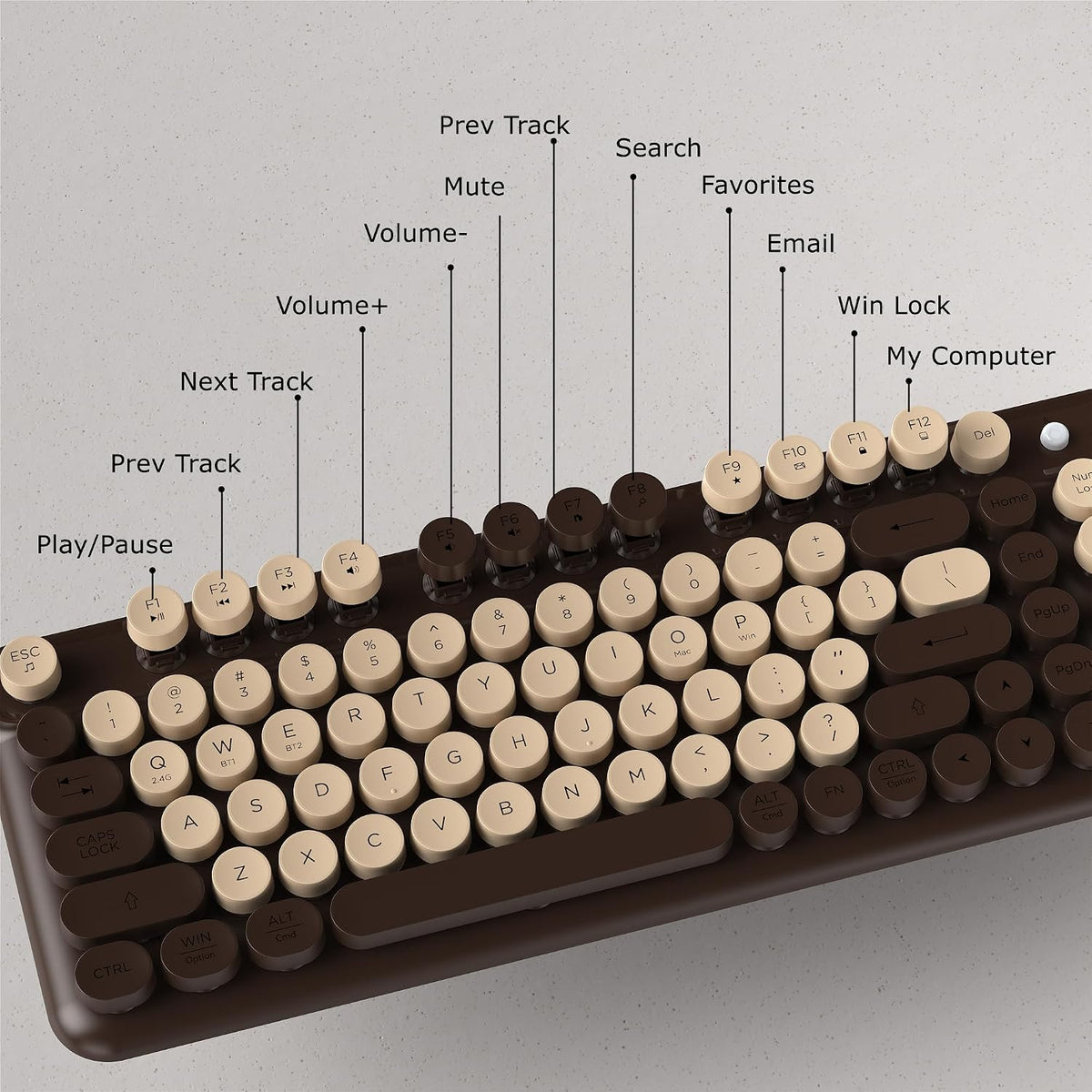 Wireless Bluetooth Keyboard, Full Size Retro Round Keycaps(Coffee)