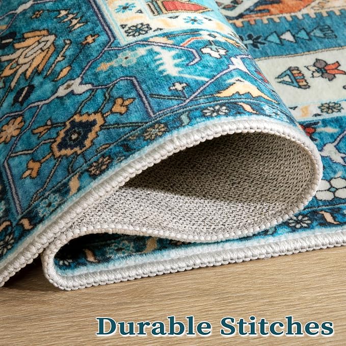 SERISSA Boho Area Rug 5x7 Blue, Washable Rugs