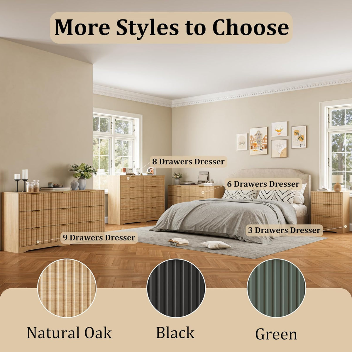 Fluted 9 Drawers Dresser for Bedroom, 63" Wide Wood Dressers, Natural Oak
