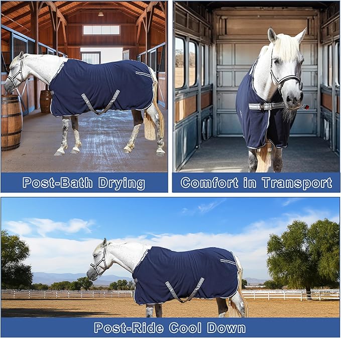 Horse Fleece Cooler, Blanket Liner - 300g Anti-Pilling Fleece, Moisture-Wicking, Cooling & Drying for Post-Workout, Bath & Travel, Prevent Overheating & Chilling Navy 69