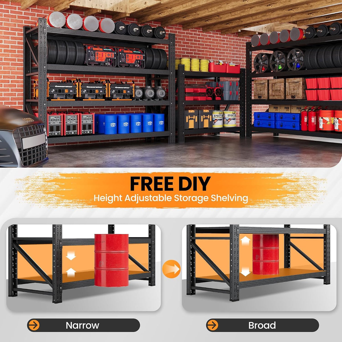 48” Wide Heavy Duty Metal Garage Shelving, Adjustable Storage Shelf