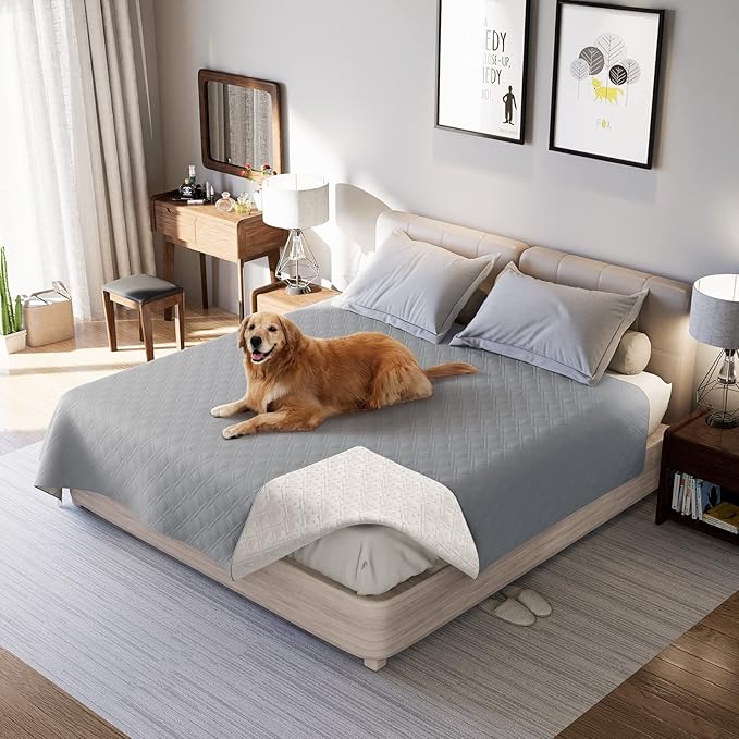 Waterproof Dog Bed Cover, Reversible Blanket Washable Pet Dog Pee Pad, Incontinence Underpads, Furniture Bed Couch Sofa Protector Cover Leak Proof for Dog Cat Kid, 82"x86" (Grey)