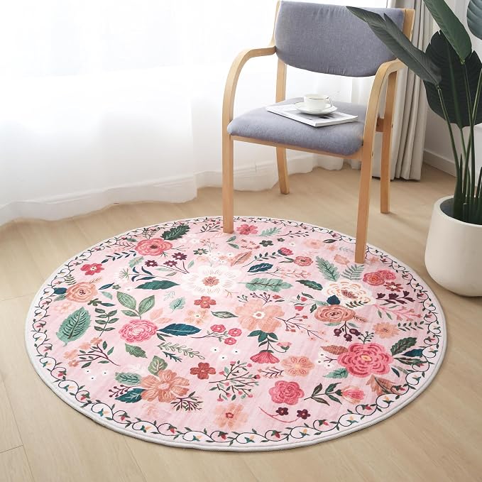 Rugcomf Round Rug 6ft Washable Circle Rug Non Slip Low Pile Boho Floral Small