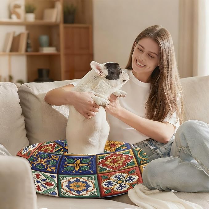 Round Cat Bed Dog Bed,13in Mexican Tile Patterns Washable Non-Slip Bottom Soft Pet Bed for Small Medium Dogs and Cats