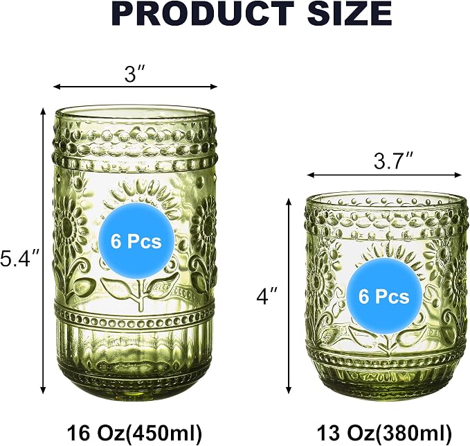Green Drinking Glasses Set of 12, 16 Oz Highball & 13 Oz Cocktail Glasses