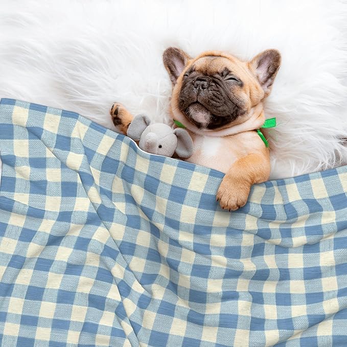Waterproof Dog Blanket Soft Pet Blanket for Puppy Cat, Fleece Cat Throw Blankets for Furniture Bed Couch Sofa Reversible - Dusty Blue Gingham 1