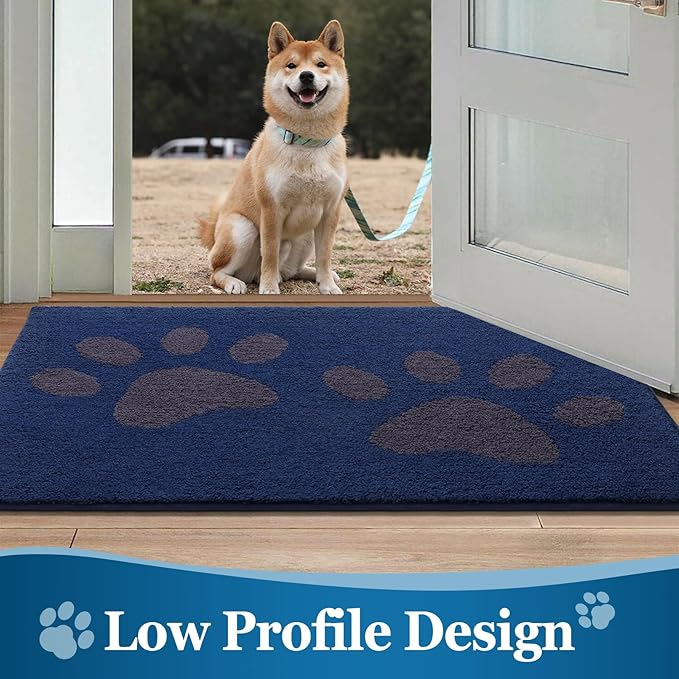 Buganda Dog Door Mat for Muddy Paws, Absorbent Dirt Trapper Washable Indoor Doormats, Non Slip Low-Profile Mud Mat for Dogs, Front Entrance Doormat for Inside Floor (30x20 Inches, Navy)