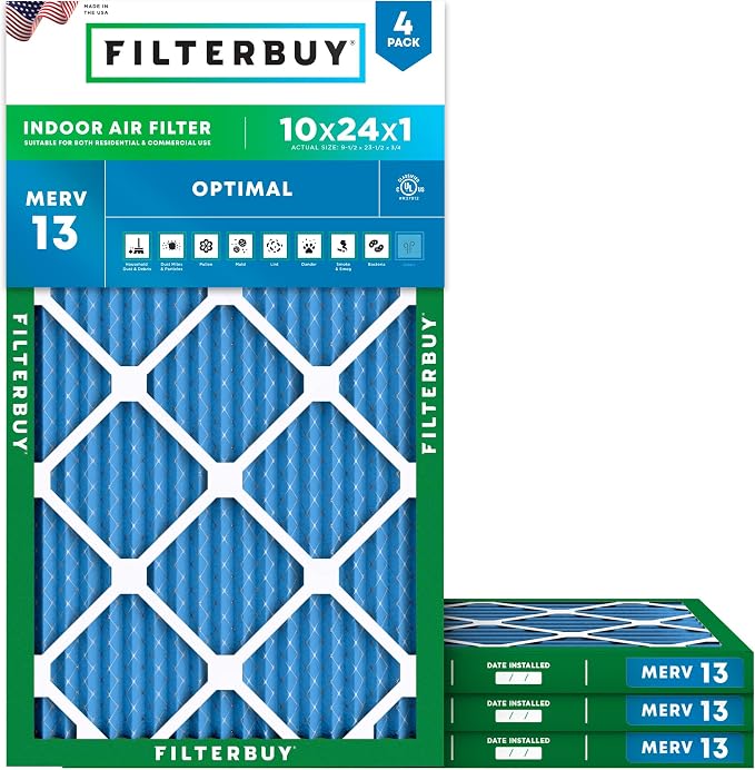 Filterbuy 10x24x1 Air Filter MERV 13 Optimal Smoke & Allergy Defense,