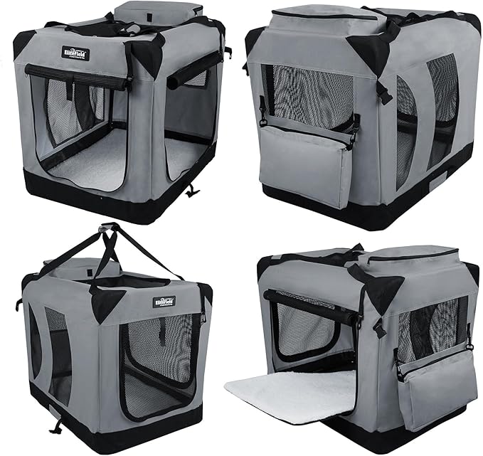 EliteField 3-Door Folding Soft Dog Crate with Carrying Bag and Fleece Bed (2 Year Warranty), Indoor & Outdoor Pet Home (42" L x 28" W x 32" H, Light Gray)