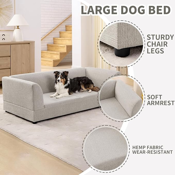 Oversized Dog Sofa Couch for Medium & Large Dogs, Modern Pet Couch Bed with Backrest & Armrests, Supportive Foam Cushion, Linen Fabric Dog Couch