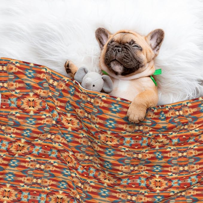 Double Sided Pet Bed Blanket for Added Cushion Warmth, Ethnic Tribal Navajo Indiana Western Southwest, Reversible Cover with Textured Dot Surface for Existing Beds Standalone Mat
