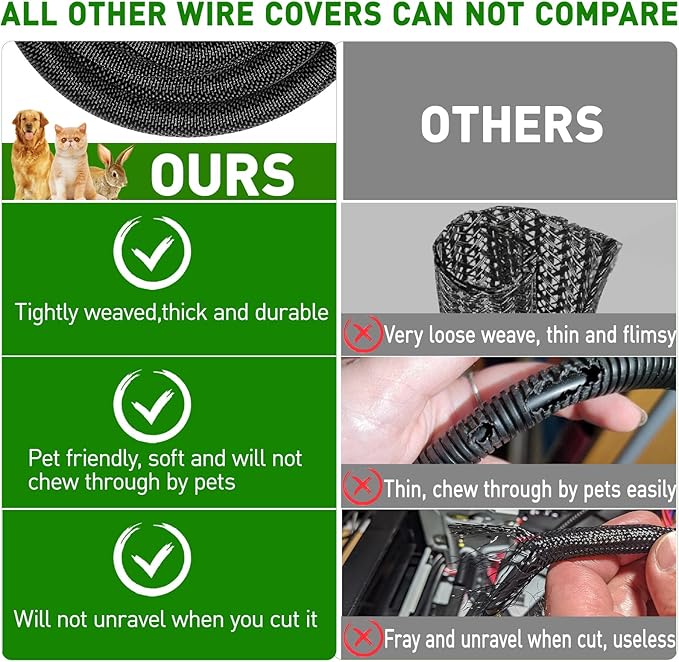 25FT Split Cable Management Sleeve Wire Loom Tubing Cord Protector for High-Temperature Automotive Harness Wires and Home Cable Management,Self-Wrapping Braided Cord Covers (1/4 Inch)