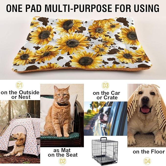Retro Sunflower Dog Bed Mat - Brown Leopard Pet Kennel Washable Cat Crate Pad, Sleeping Mattress for Large Medium Small Dogs, 36x24 Inch