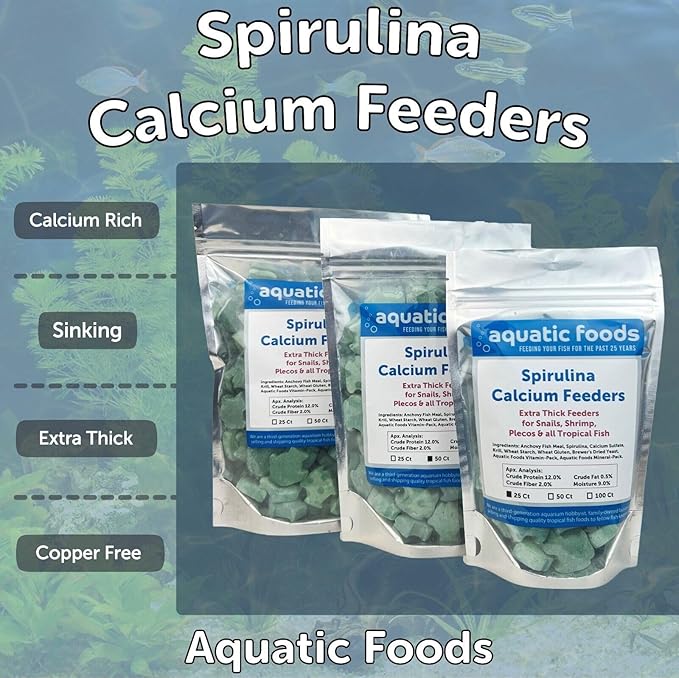 Aquatic Foods Inc. Spirulina Enriched Calcium Feeders for Shrimp, Snails, Crabs, Crayfish, Pleco, Catfish, All Tropical Fish…25 Count Bag