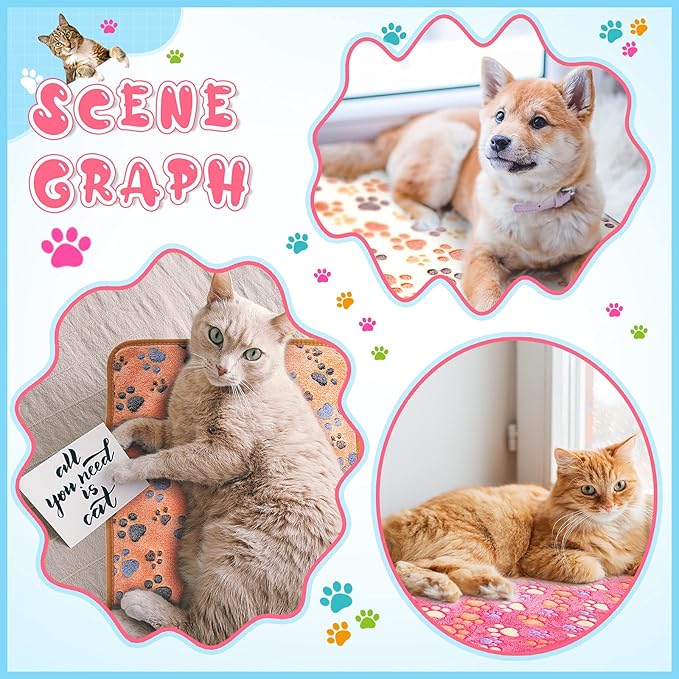 Tatuo 4 Pcs Dog Blanket for Pet Cat Blankets Indoor Puppy Teething Stuff Toys Paw Print Fleece Soft Blanket Sleep Mat for Guinea Pig Cage(White,Medium(30 x 20.5 Inch),Square)