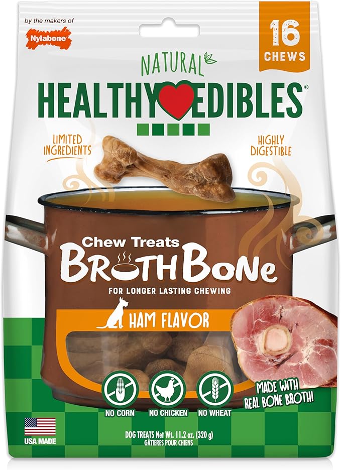 Nylabone Healthy Edibles Broth Bone Natural Dog Chews Long Lasting Treats Ham Flavor Small/Regular - Up to 25 Ibs. (16 Count)
