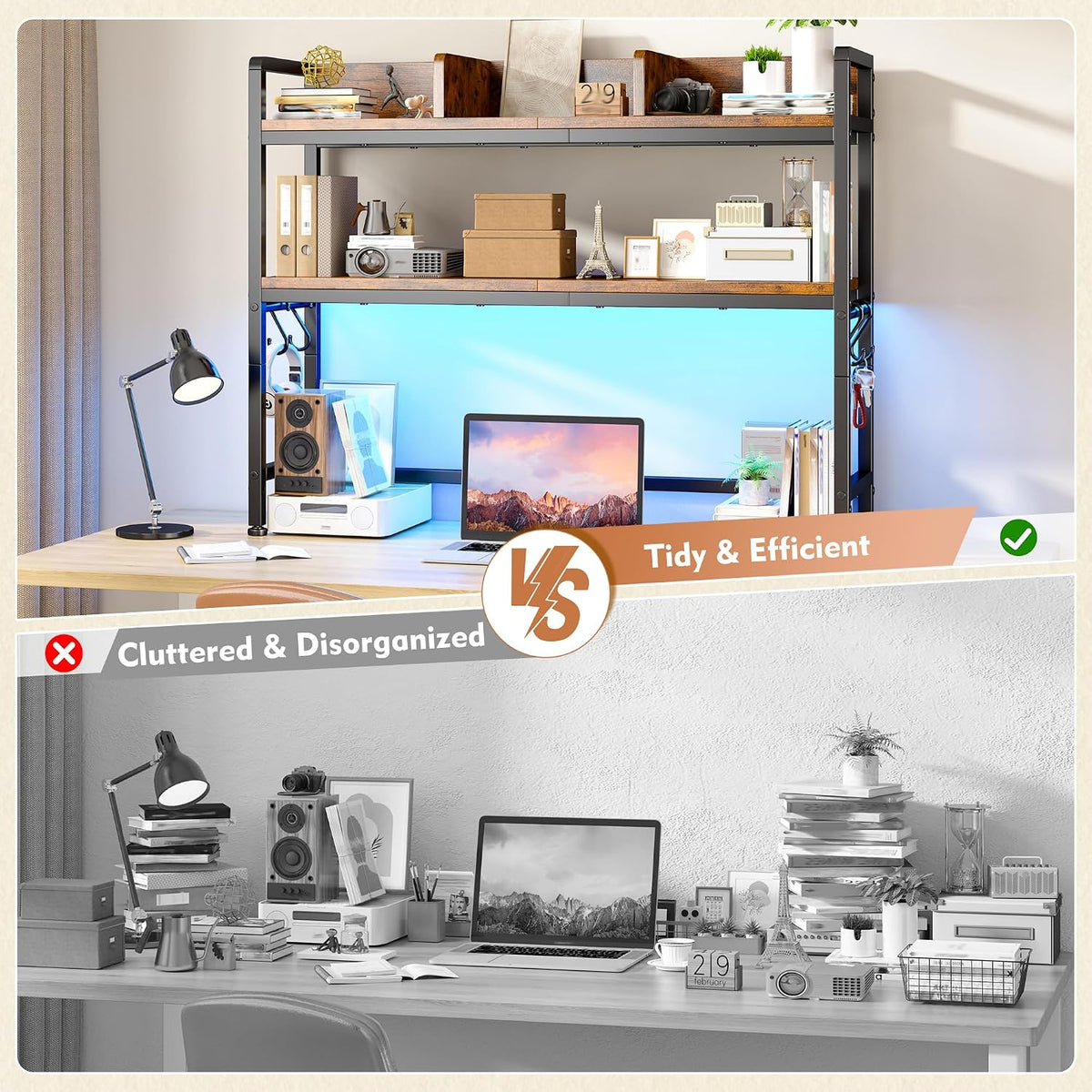 REIBII 2-Tier Desk Shelf with LED for Bedroom and Home Office, Rustic Brown