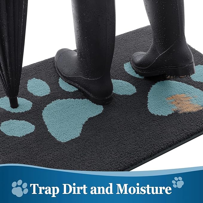 Buganda Dog Door Mat for Muddy Paws, Absorbent Dirt Trapper Washable Indoor Doormats, Non Slip Low-Profile Mud Mat for Dogs, Front Entrance Doormat for Inside Floor (30x20 Inches, Dark Grey and Blue)