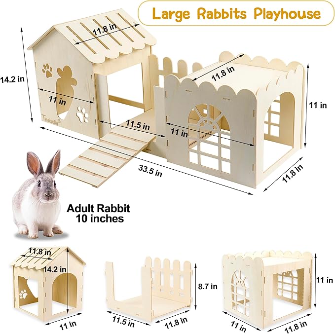 Large Rabbit Wooden Hideout House, Multi-Chamber Small Animal Wooden Castle Cage, Bunny Playhouse Habitat Decor Tunnel for Dwarf Rabbit Guinea Pig Chinchilla Hedgehog Squirrel