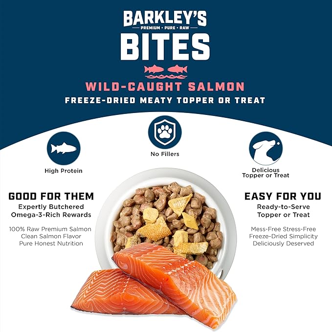Barkley’s Bag Salmon Bites, Freeze Dried Dog Treats and Food Topper, Made with Wild-Caught Salmon, Bite-Sized Whole Pieces for Training Rewards, for All Dog Breeds, Ages & Sizes, 4 Oz Bag (1 Pack)
